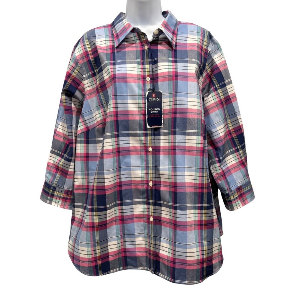Chaps Plaid No Iron Button Up Shirt Blue Pink Womens Size 2X Preppy Casual NEW*